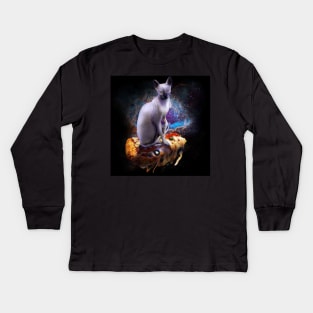 Galaxy Space Sphynx Hairless Cat On Pizza Kids Long Sleeve T-Shirt